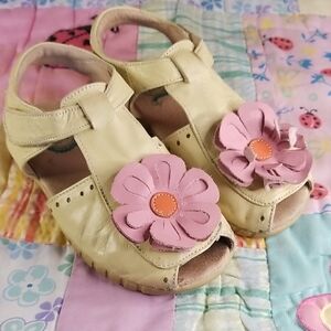 Livie & Luca Light Yellow Leather Bloom Sandals with Pink Leather Flowers 11